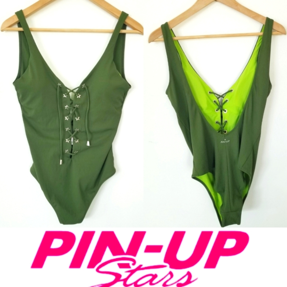 Pin-up Stars Vintage Lace-Up Ribbed One Piece Bikini Swimsuit NWT Stars Studded
